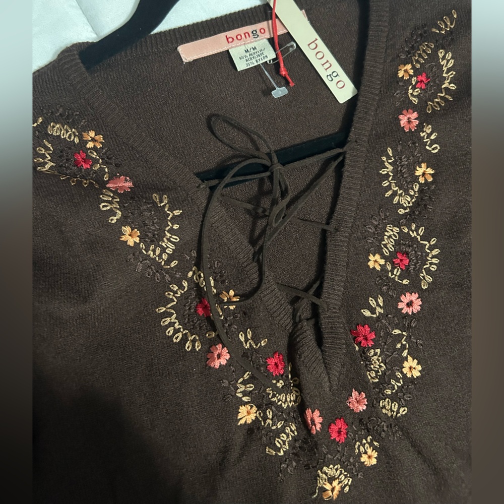Vintage Y2K BONGO Brown Lace-Up V-Neck Sweater with Floral Embroidery NWT - Picture 3 of 7